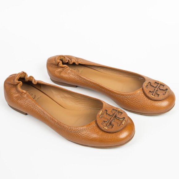 Tory Burch Reva Ballet Flats Royal Tan Leather Logo Size 7 - Picture 3 of 12